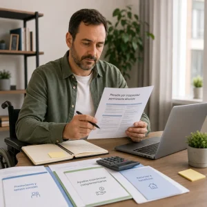 Pensiones Persona revisando apoyos económicos, recursos sociales y beneficios fiscales relacionados con ayudas compatibles con incapacidad permanente absoluta