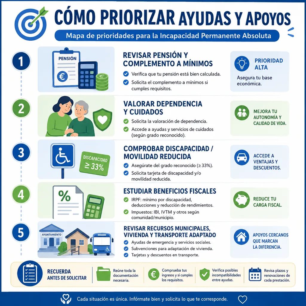 Infografía sobre cómo priorizar ayudas, complementos y recursos compatibles con incapacidad permanente absoluta