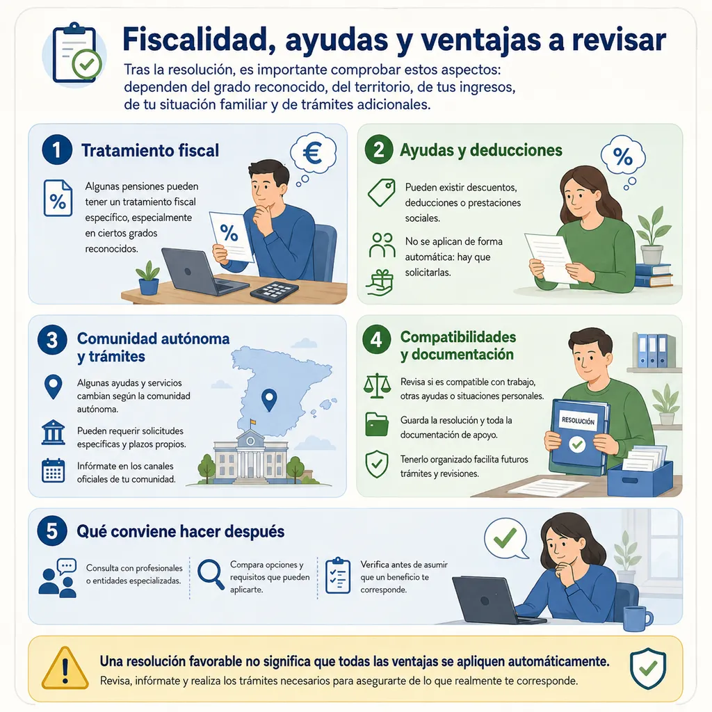 Revisión posterior de cuantía, compatibilidad laboral, fiscalidad, ayudas y posibles mejoras tras la resolución