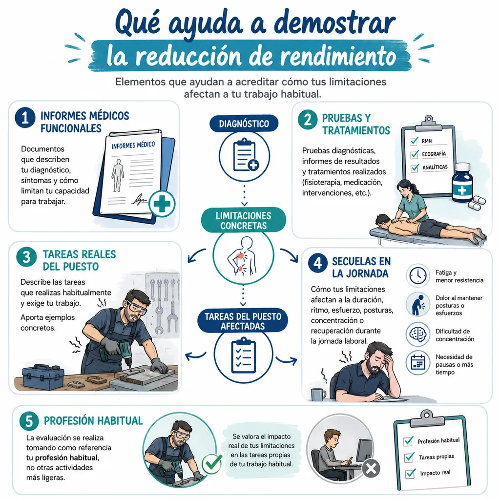Infografía sobre documentación médica y laboral para justificar la reducción de rendimiento en la profesión habitual