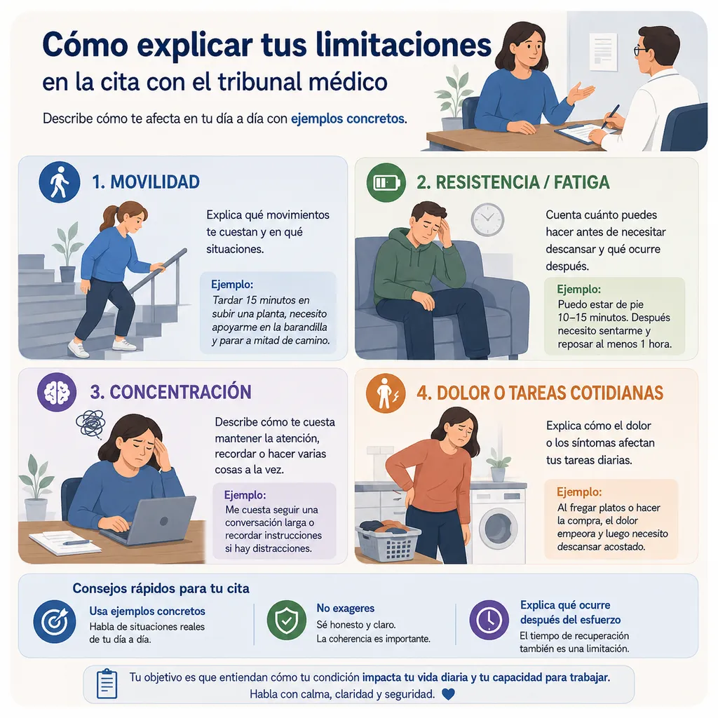Infografía sobre cómo explicar limitaciones diarias con ejemplos concretos ante el tribunal médico