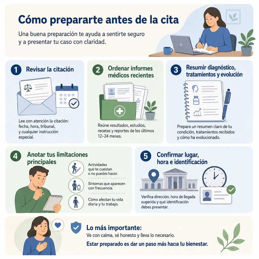 Infografía sobre cómo preparar una cita con el tribunal médico antes de la valoración