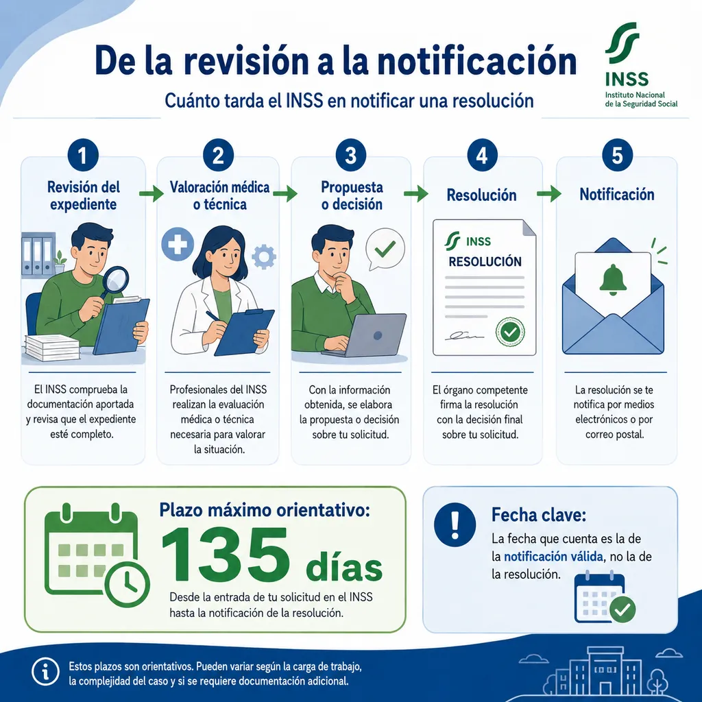 Infografía sobre las fases entre la revisión del expediente y la notificación de una resolución del INSS