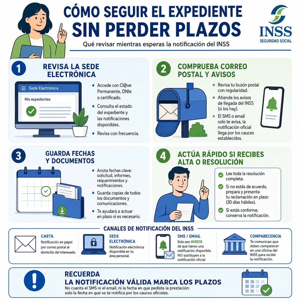 Infografía sobre cómo seguir un expediente del INSS y revisar notificaciones sin perder plazos