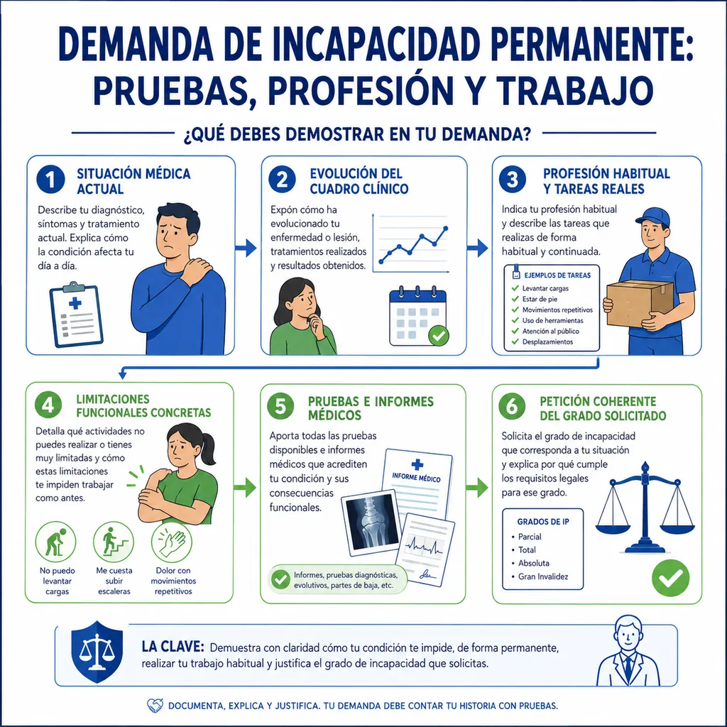 Esquema visual sobre pruebas, profesión y demanda de incapacidad permanente