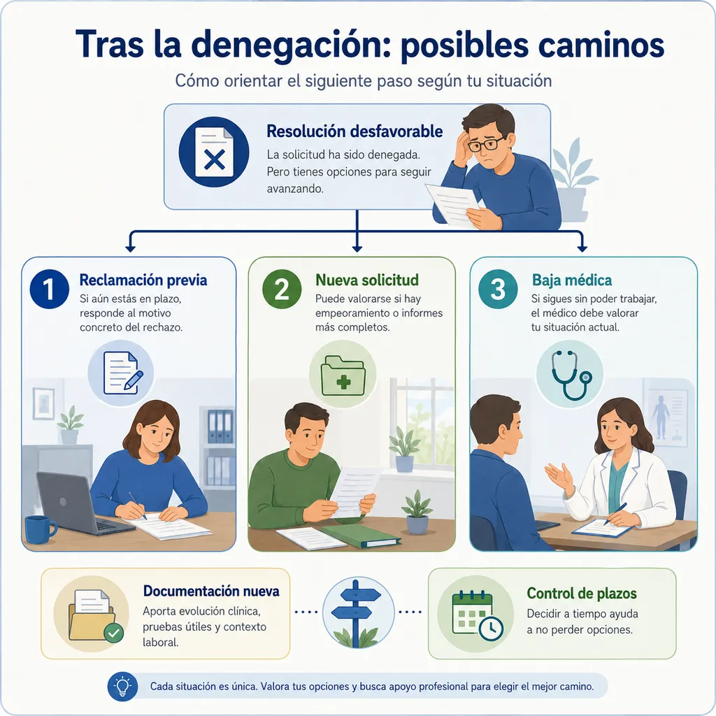 Mapa de decisiones tras una incapacidad permanente denegada entre reclamación nueva solicitud y baja médica