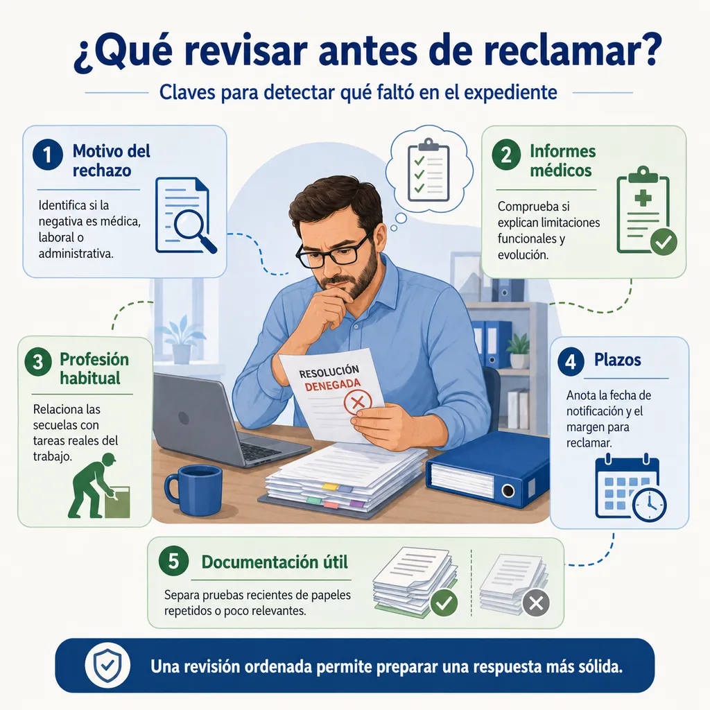 Esquema visual para revisar una denegación de incapacidad permanente antes de reclamar
