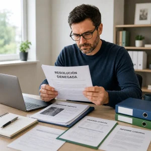 Denegación Persona revisando una resolución desfavorable relacionada con la denegación de la incapacidad permanente junto a informes médicos y documentación laboral.