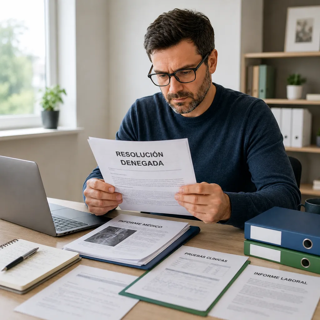 Persona revisando una resolución desfavorable relacionada con la denegación de la incapacidad permanente junto a informes médicos y documentación laboral.