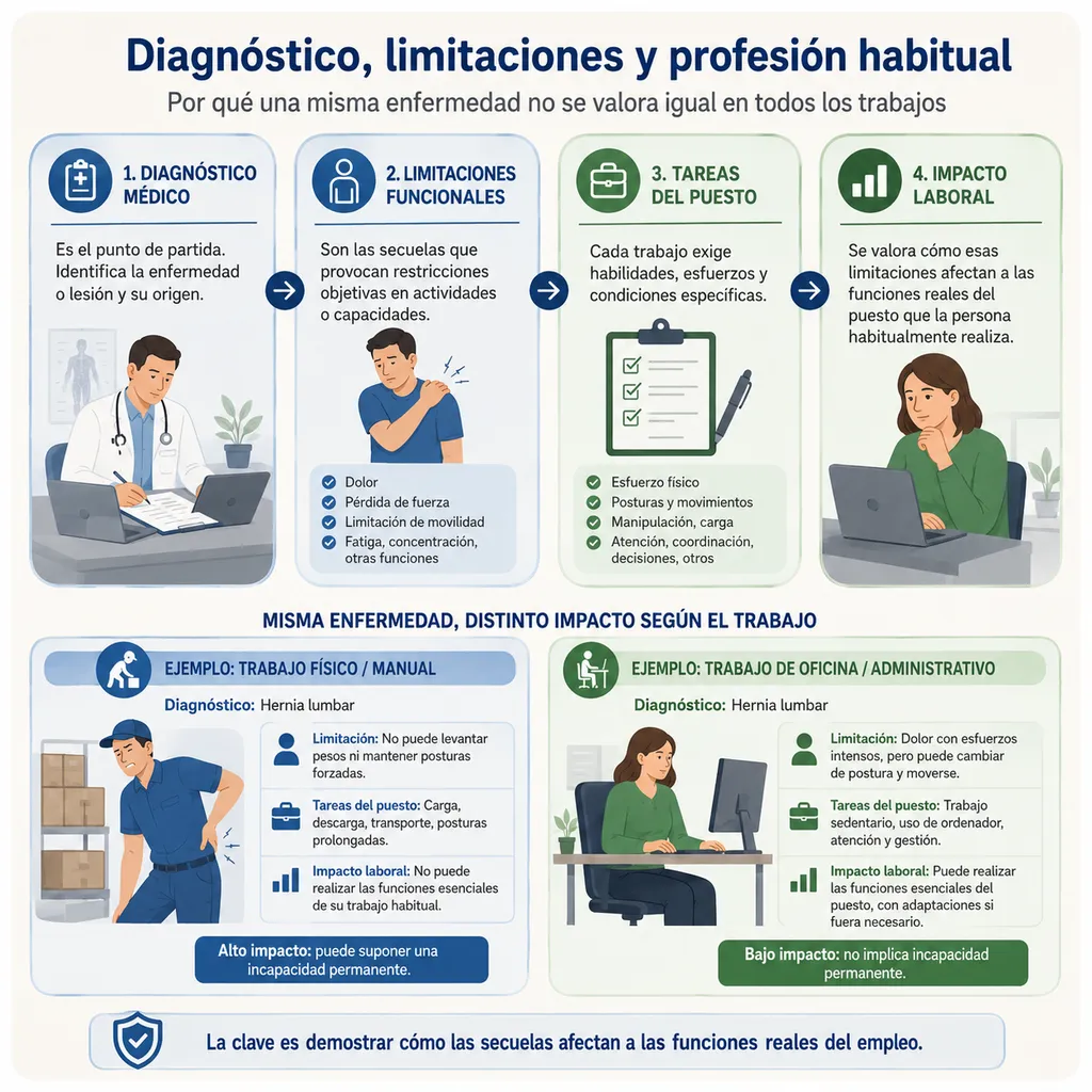 Relación entre diagnóstico médico, limitaciones funcionales y tareas reales de la profesión habitual