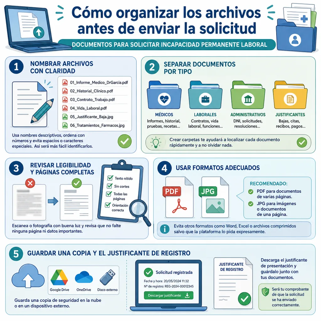 Infografía sobre cómo nombrar y separar archivos digitales para una solicitud de incapacidad laboral