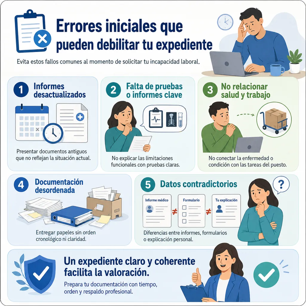 Infografía sobre errores iniciales que pueden debilitar un expediente de incapacidad laboral