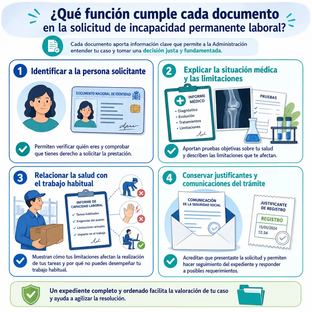 Infografía sobre la función de los documentos en una solicitud de incapacidad laboral