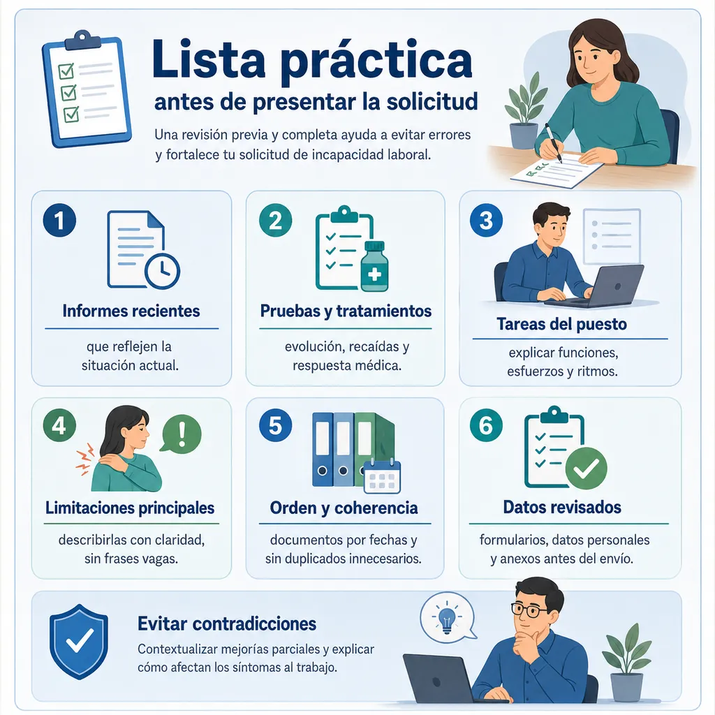 Infografía sobre lista práctica antes de presentar una solicitud de incapacidad laboral