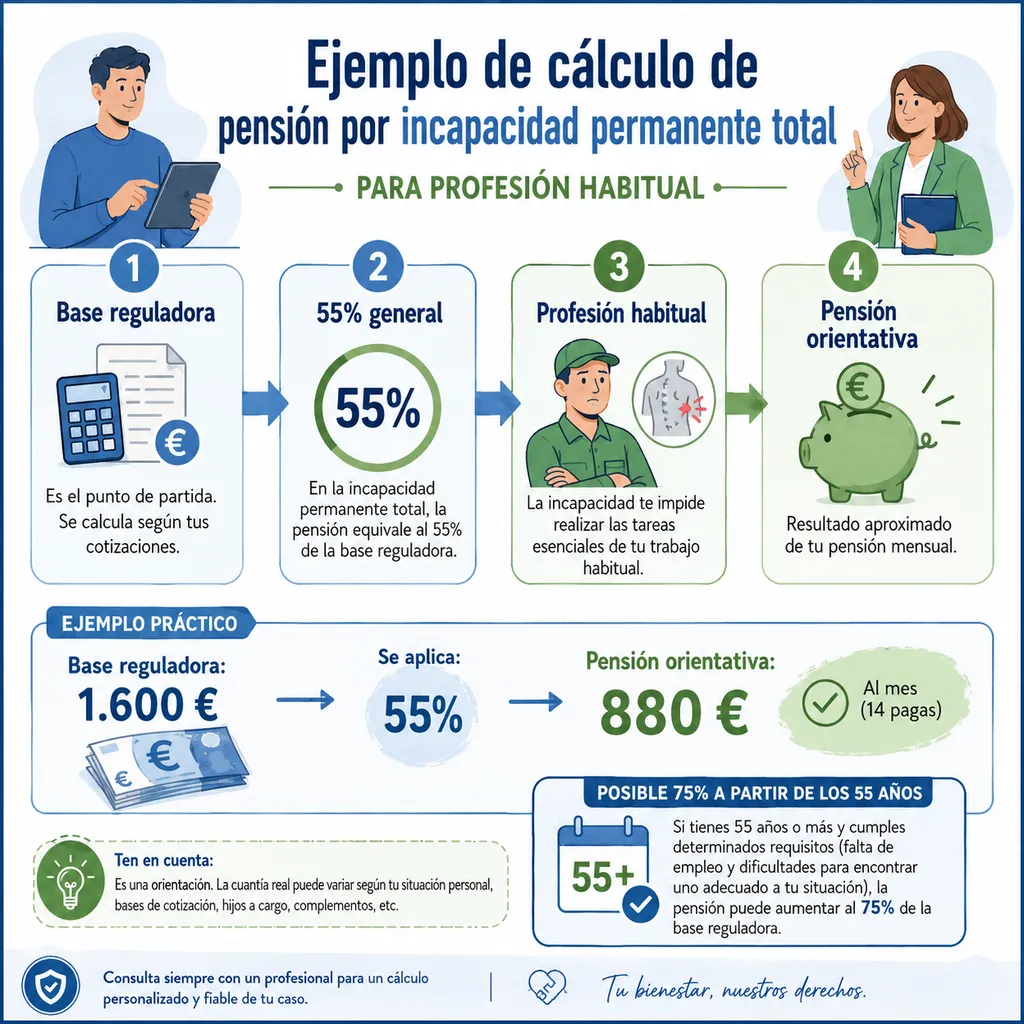Esquema del cálculo de pensión por incapacidad permanente total con base económica porcentaje y resultado mensual