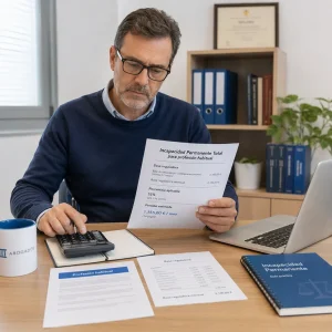 Pensiones Persona revisando documentos para hacer un ejemplo de cálculo de pensión por incapacidad permanente total para profesión habitual