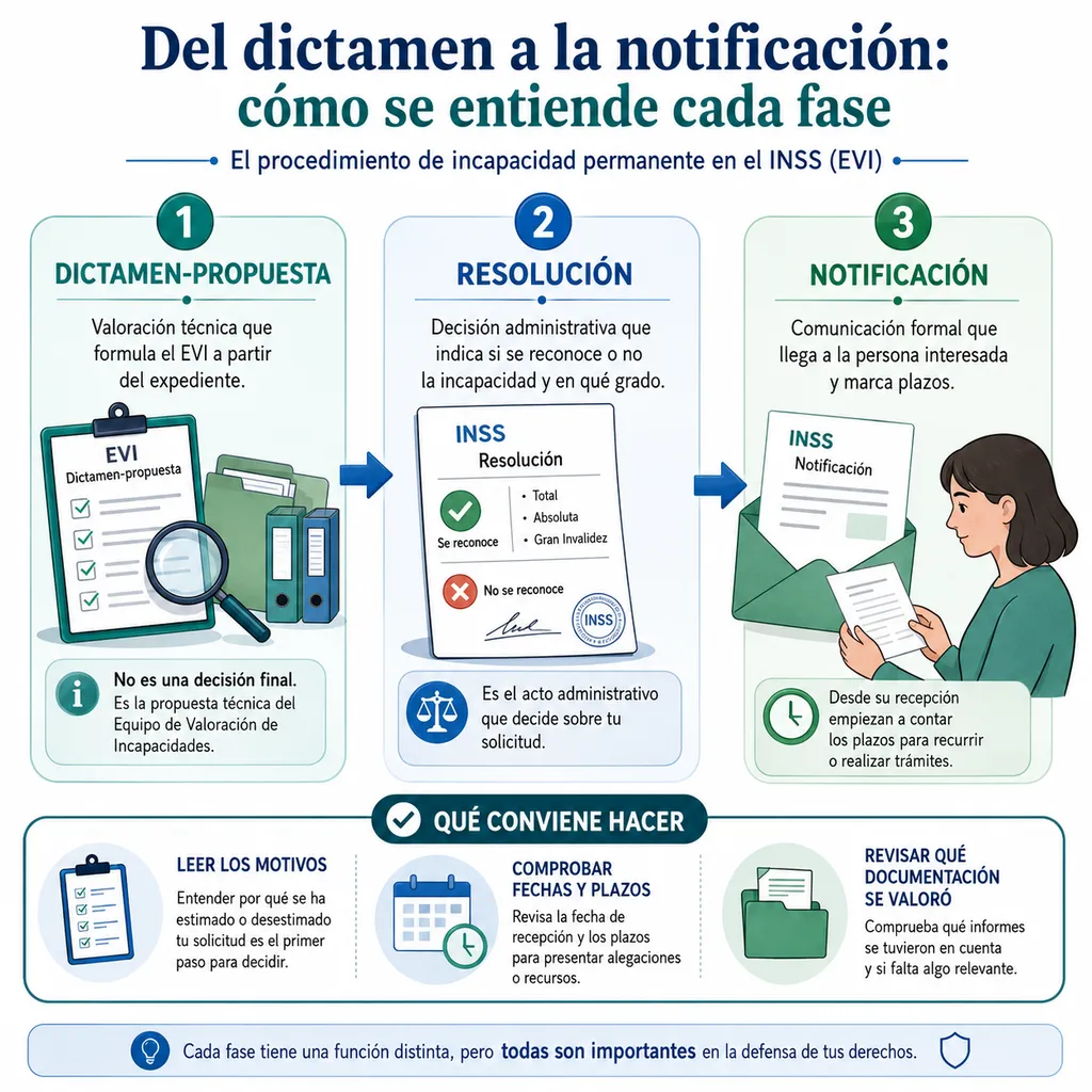 Infografía sobre la diferencia entre dictamen-propuesta del EVI, resolución del INSS y notificación
