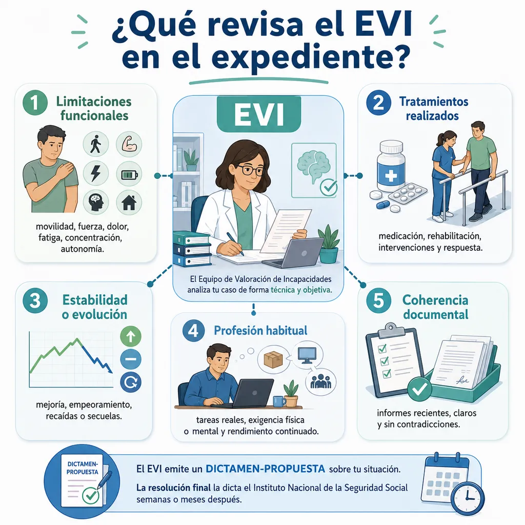 Infografía sobre los elementos que revisa el EVI en un expediente de incapacidad permanente