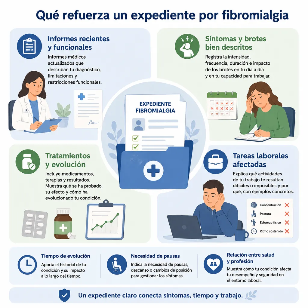 Cómo reforzar un expediente de incapacidad por fibromialgia con síntomas, tiempo y profesión