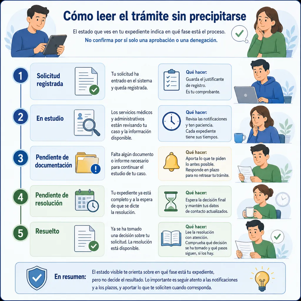 Infografía ilustrada sobre cómo leer el estado de un expediente de incapacidad permanente y evitar interpretaciones precipitadas