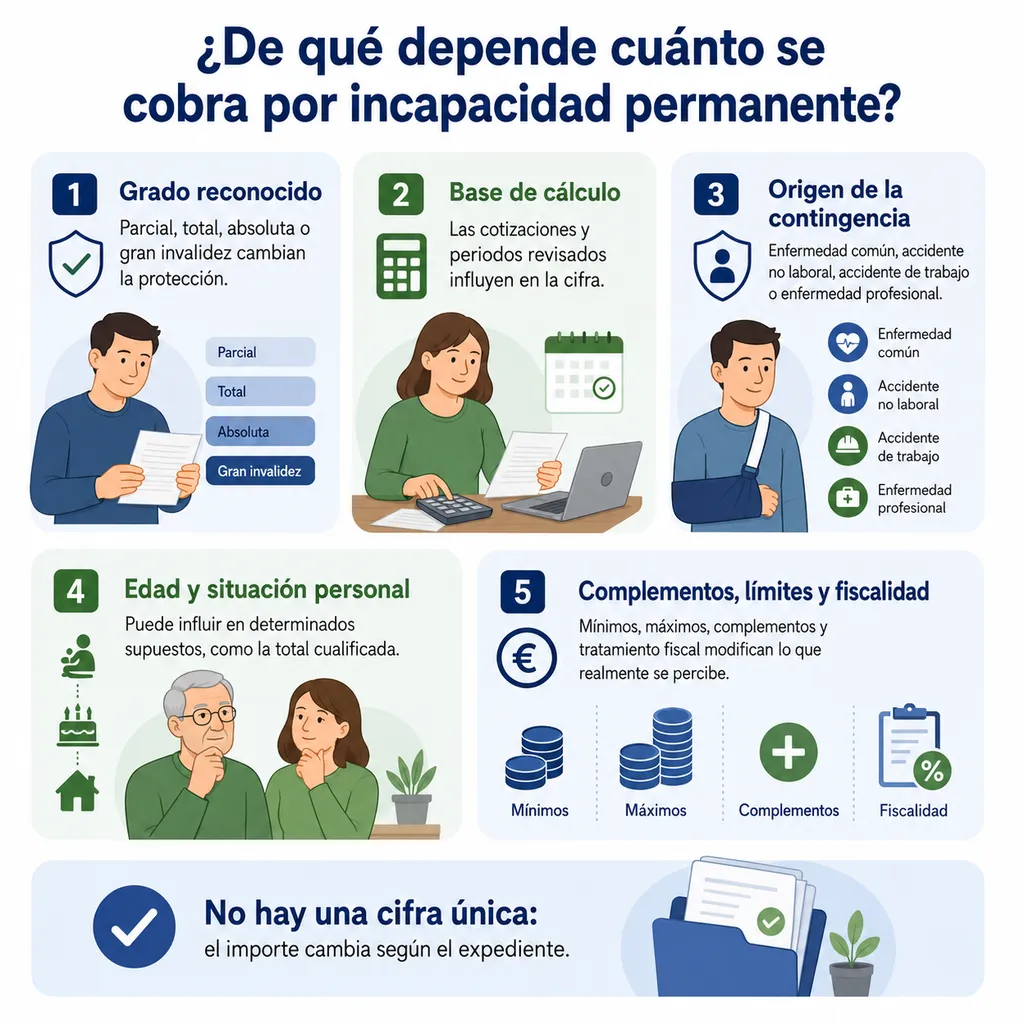 Esquema visual sobre grado reconocido, base de cotización y origen de la incapacidad permanente