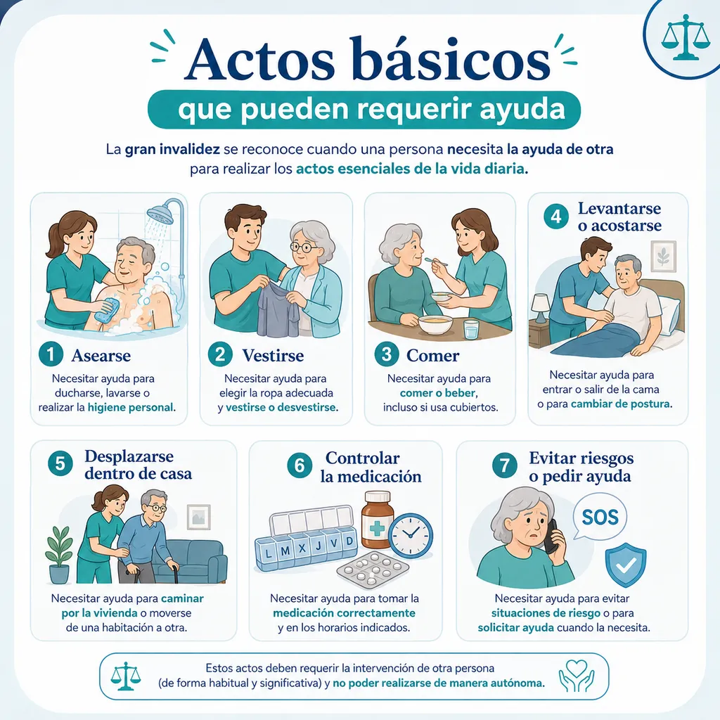 Infografía sobre actos básicos de la vida diaria que pueden requerir ayuda de tercera persona