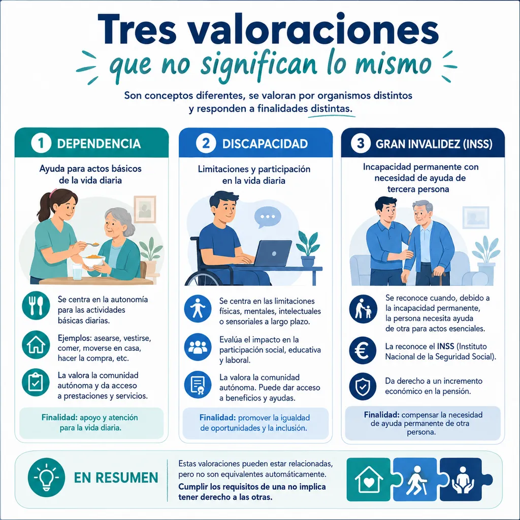 Infografía sobre diferencias entre dependencia discapacidad e incapacidad permanente por gran invalidez