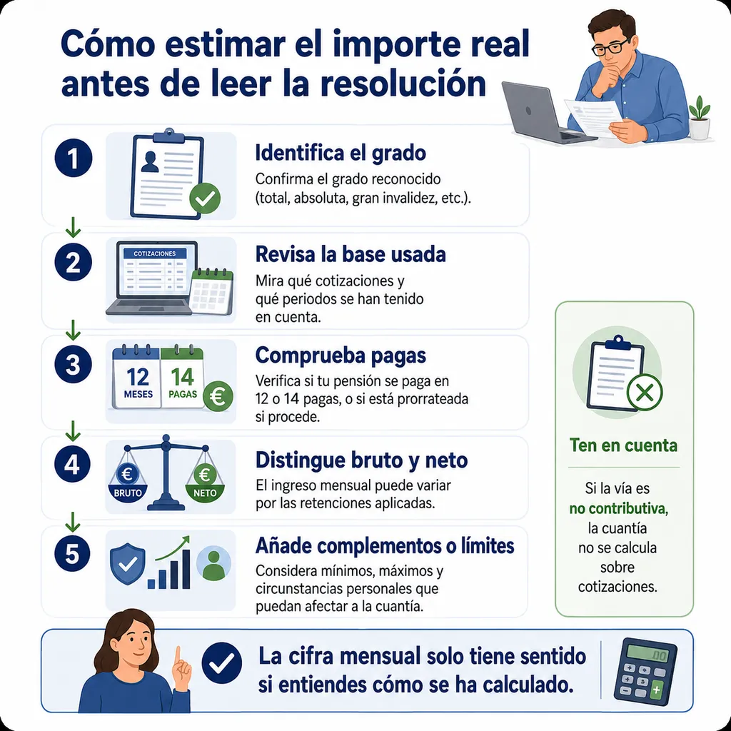 Esquema para ordenar base, grado, pagas y neto antes de estimar el importe real de la incapacidad permanente
