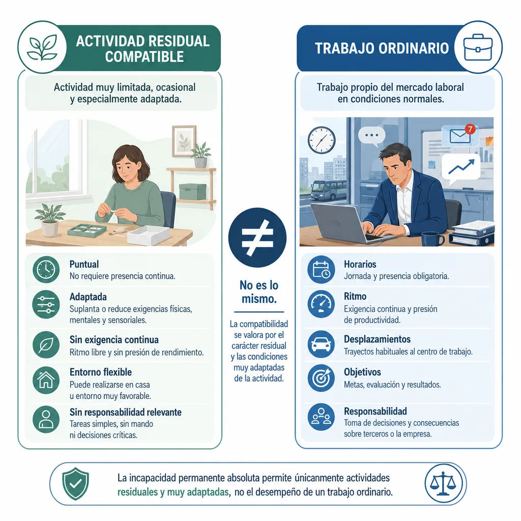 Infografía sobre la diferencia entre actividad residual y trabajo ordinario en incapacidad permanente absoluta