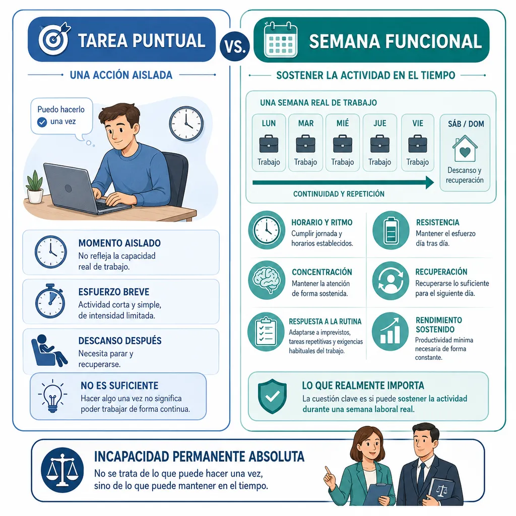 Infografía sobre la diferencia entre una tarea puntual y una semana funcional en incapacidad permanente absoluta