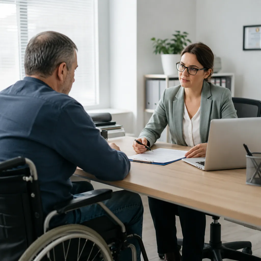 Persona en silla de ruedas revisando una resolución sobre las ventajas de la incapacidad permanente absoluta en casa