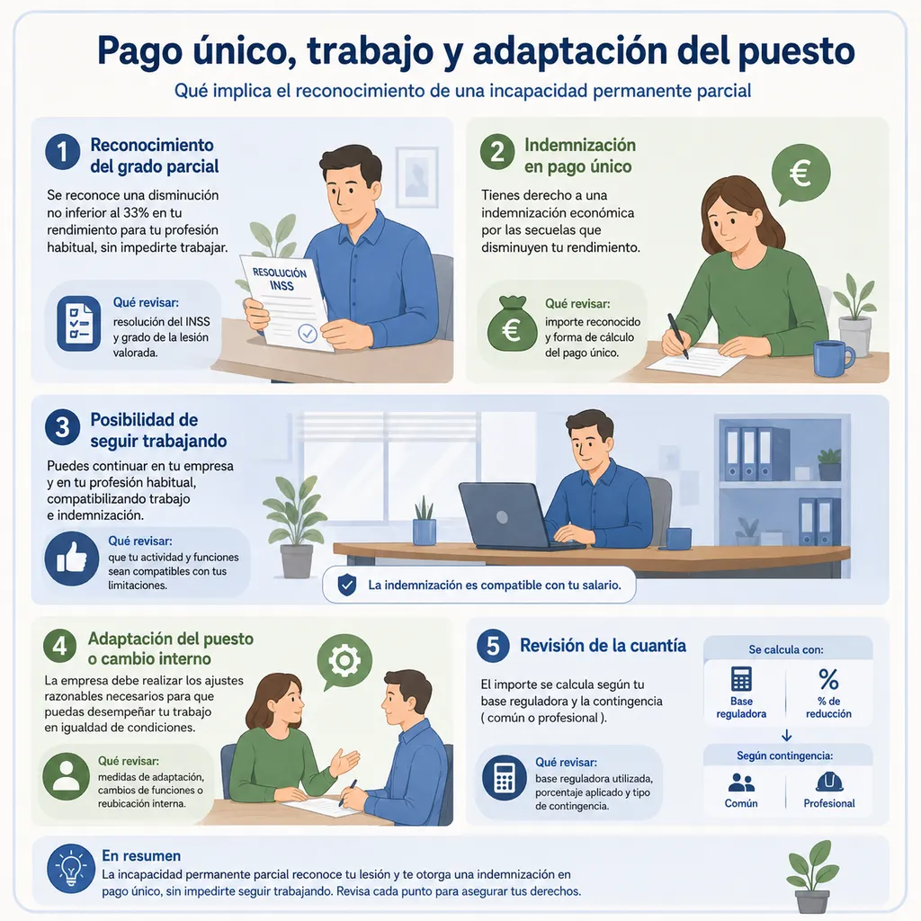 Infografía sobre pago único, continuidad laboral y adaptación del puesto en incapacidad permanente parcial