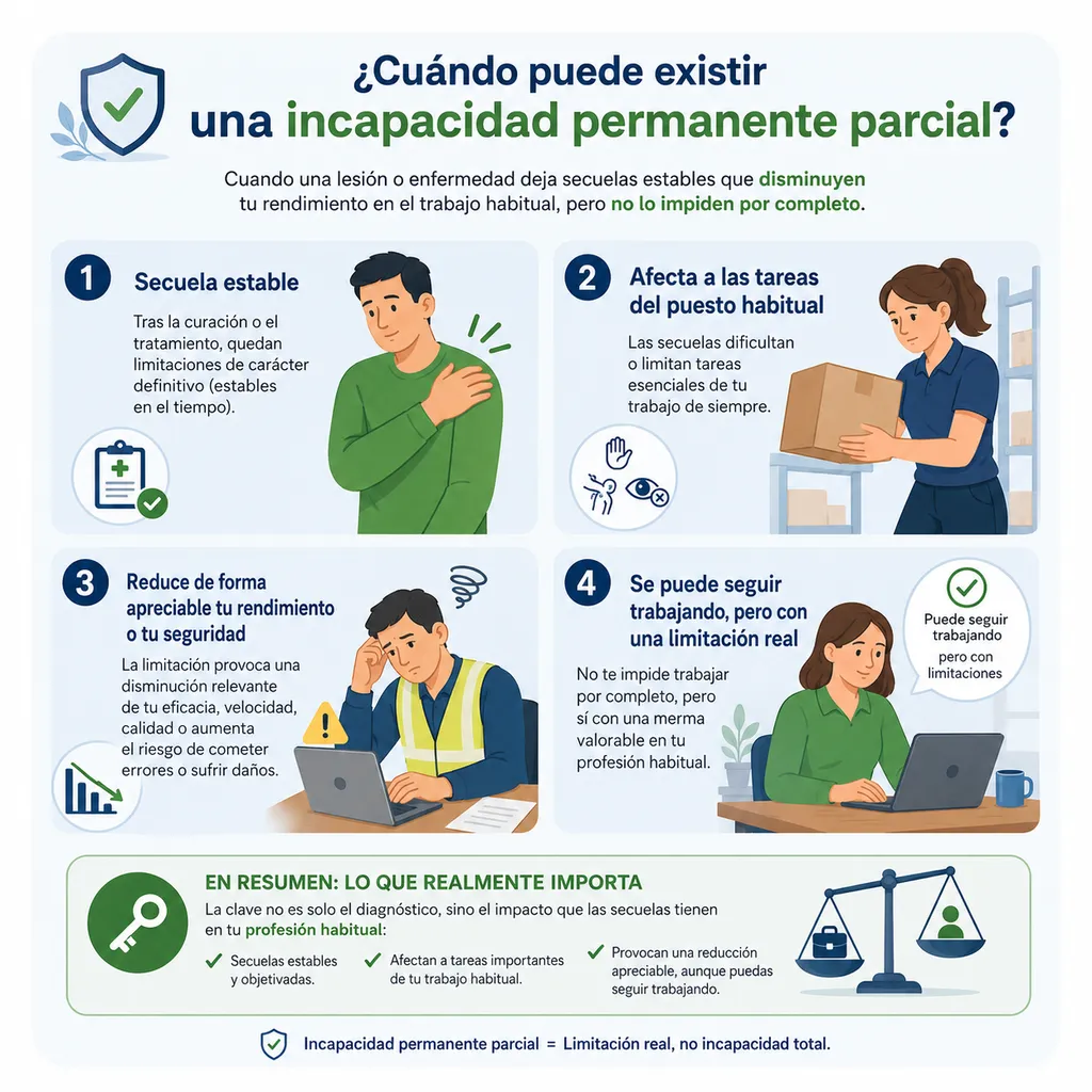 Infografía sobre secuela estable, tareas afectadas y reducción del rendimiento laboral