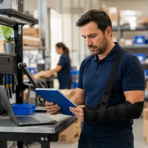 Tipos Trabajador con brazo inmovilizado revisando documentación sobre incapacidad permanente parcial en su puesto laboral