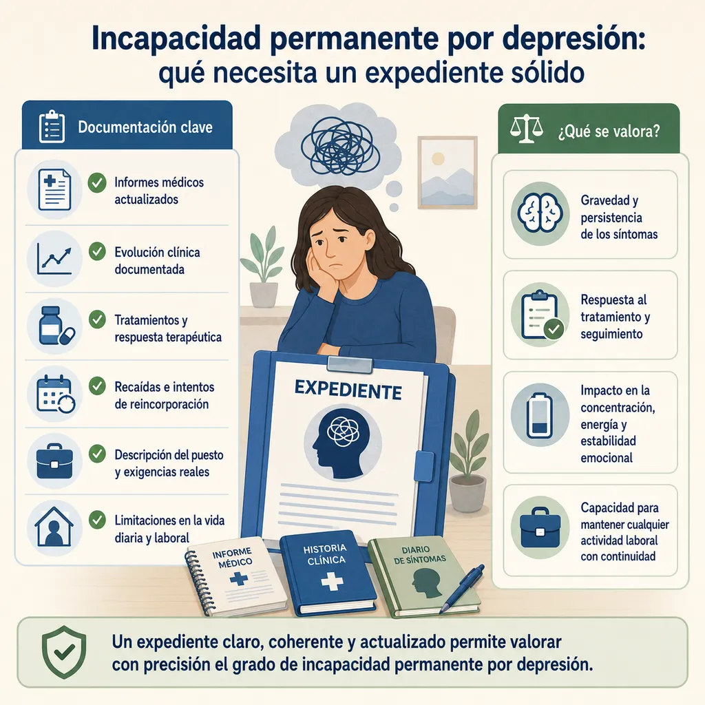 Organización visual de síntomas, recaídas e informes médicos en un expediente por depresión