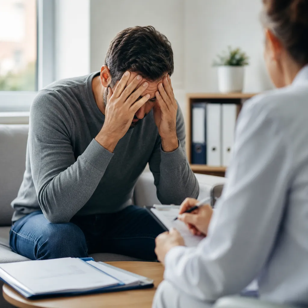 Persona en consulta médica relacionada con incapacidad permanente por depresión y valoración laboral