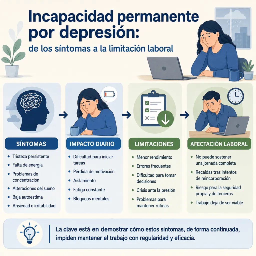 Esquema visual sobre cómo la depresión puede pasar de síntomas diarios a limitaciones laborales documentables