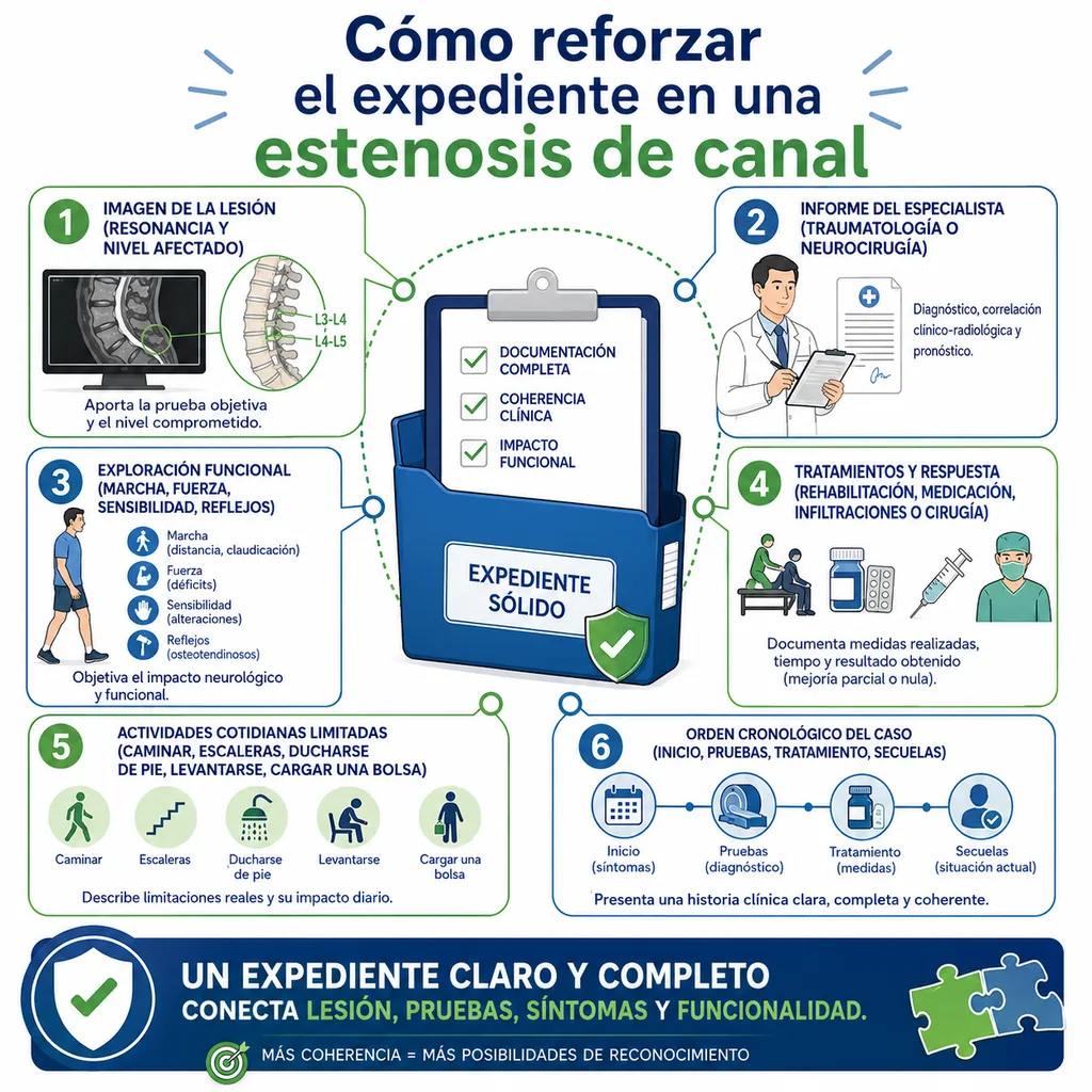 Infografía sobre cómo reforzar el expediente médico en una estenosis de canal