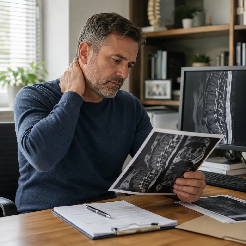 Persona revisando pruebas médicas de columna relacionadas con incapacidad permanente por estenosis de canal