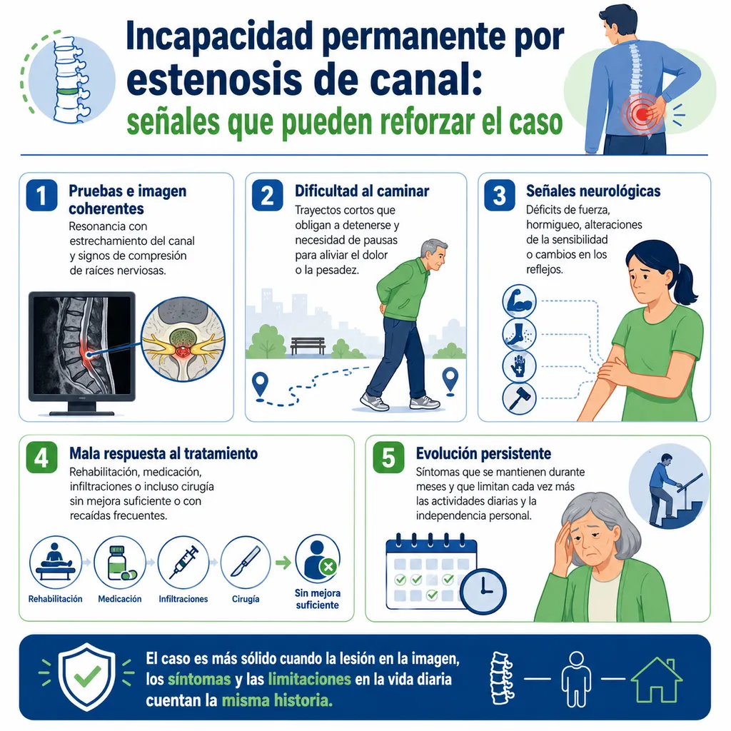 Infografía sobre señales que refuerzan un caso de incapacidad permanente por estenosis de canal