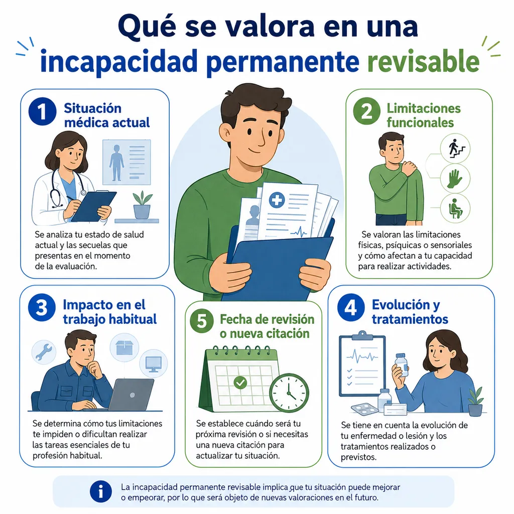 Infografía sobre los elementos que se valoran en una incapacidad permanente revisable