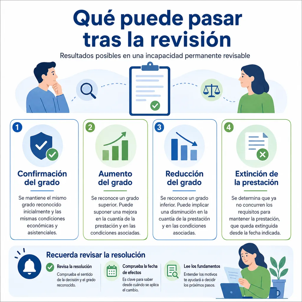 Infografía sobre los posibles escenarios tras la revisión de una incapacidad permanente revisable
