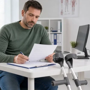 Denegación Persona revisando documentación médica con muletas durante una incapacidad permanente revisable