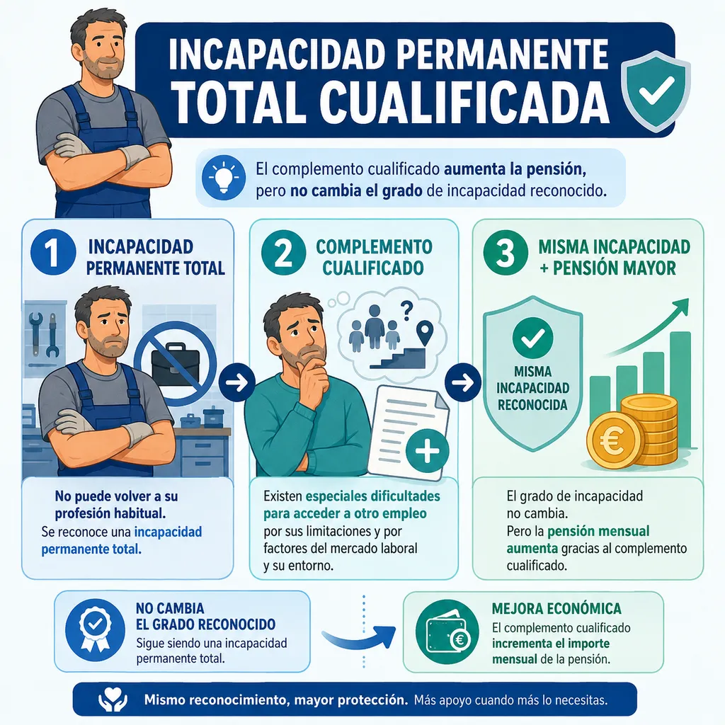 Infografía explicativa sobre cómo la incapacidad permanente total cualificada aumenta la pensión sin cambiar el grado reconocido