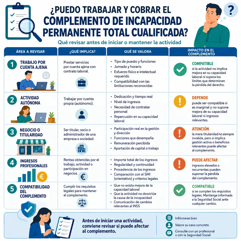 Infografía sobre compatibilidad entre trabajo, ingresos y complemento de incapacidad permanente total cualificada