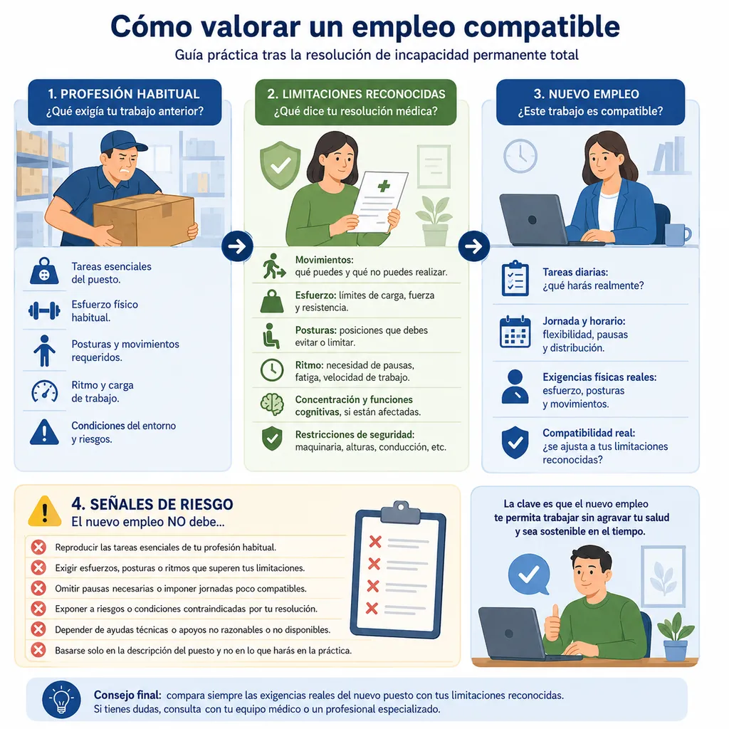 Infografía para comparar profesión habitual, limitaciones reconocidas y posible empleo compatible
