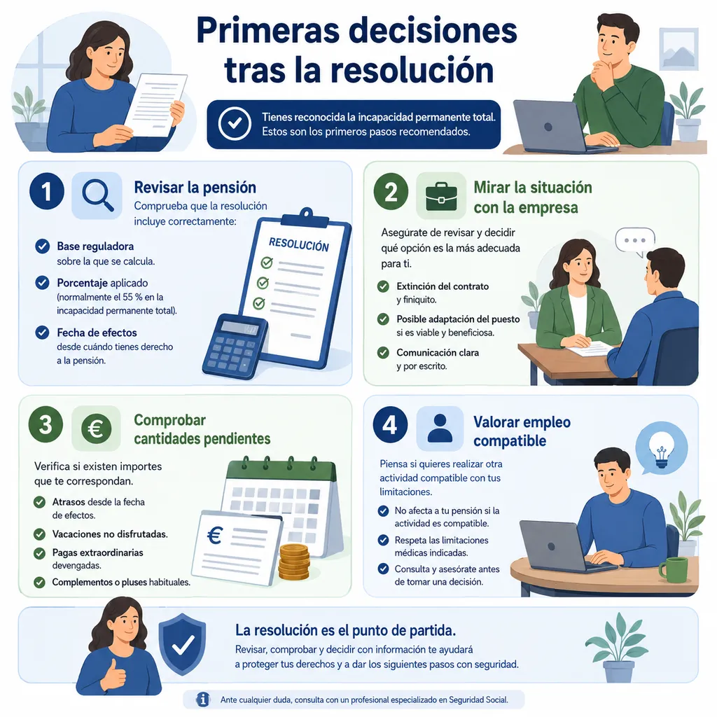 Infografía sobre las primeras decisiones tras recibir una resolución de incapacidad permanente total