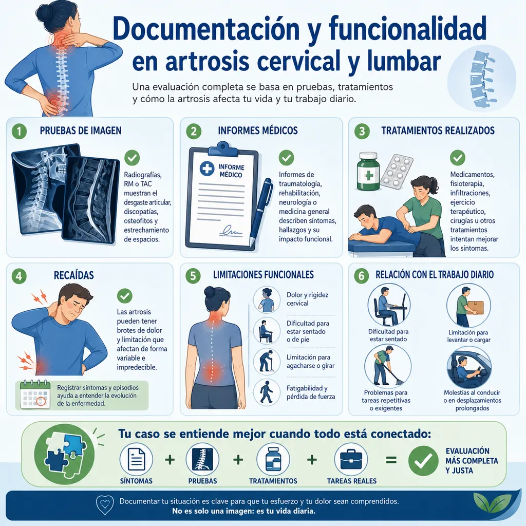 Documentación y funcionalidad en una solicitud por artrosis cervical y lumbar