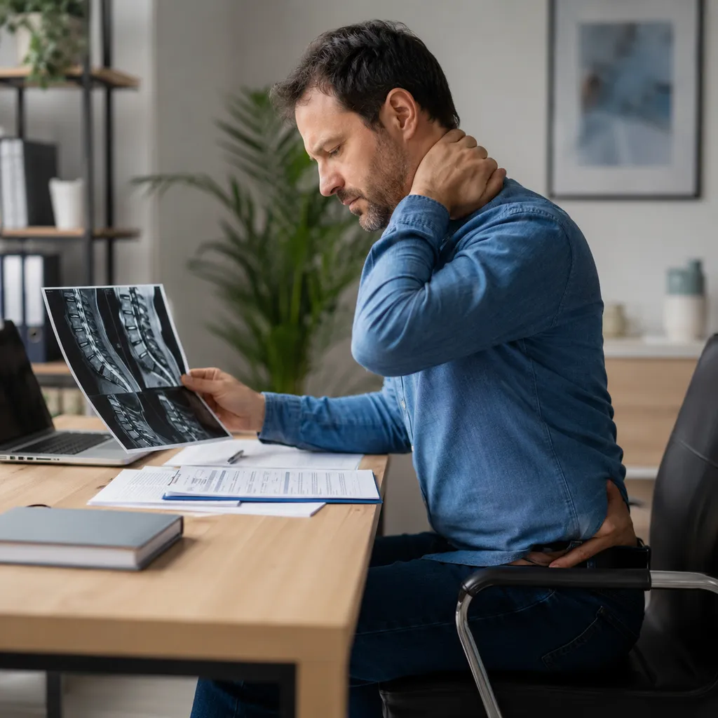 Persona revisando pruebas médicas relacionadas con incapacidad por artrosis cervical y lumbar y dolor de columna