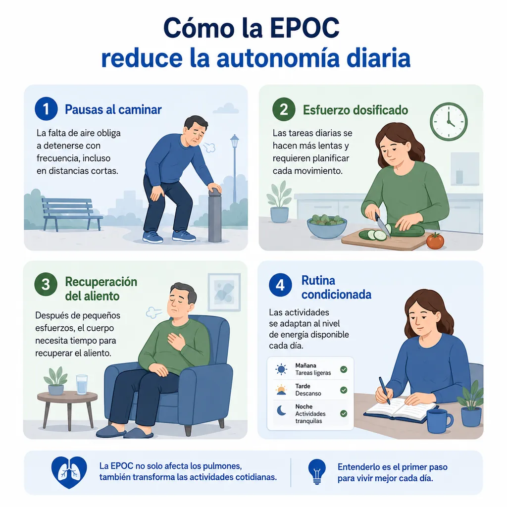 Infografía sobre cómo la EPOC puede reducir la autonomía mediante pausas, fatiga y dificultad respiratoria